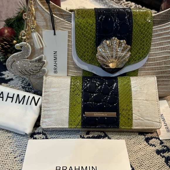 Brahmin Handbags - NWT 2-PIECE Brahmin Kyrie Multi Antiguo Green and Navy Leather Purse Wallet Set